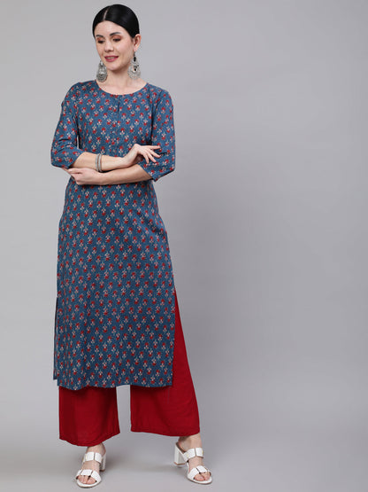 Blue Ethnic Printed Straight Kurta With Three Quarter Sleeves