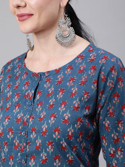 Blue Ethnic Printed Straight Kurta With Three Quarter Sleeves