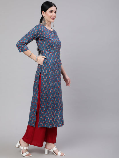 Blue Ethnic Printed Straight Kurta With Three Quarter Sleeves