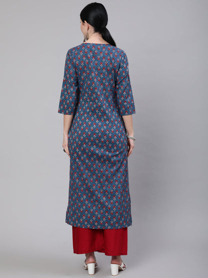 Blue Ethnic Printed Straight Kurta With Three Quarter Sleeves