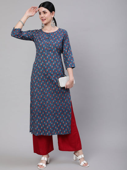 Blue Ethnic Printed Straight Kurta With Three Quarter Sleeves
