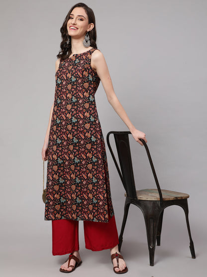 Multi Color Geometric Printed Sleeveless Straight Kurta