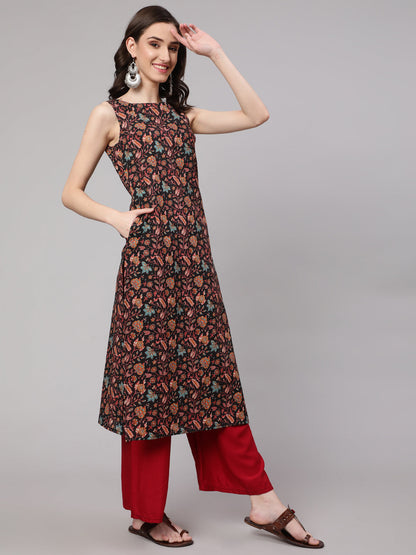 Multi Color Geometric Printed Sleeveless Straight Kurta