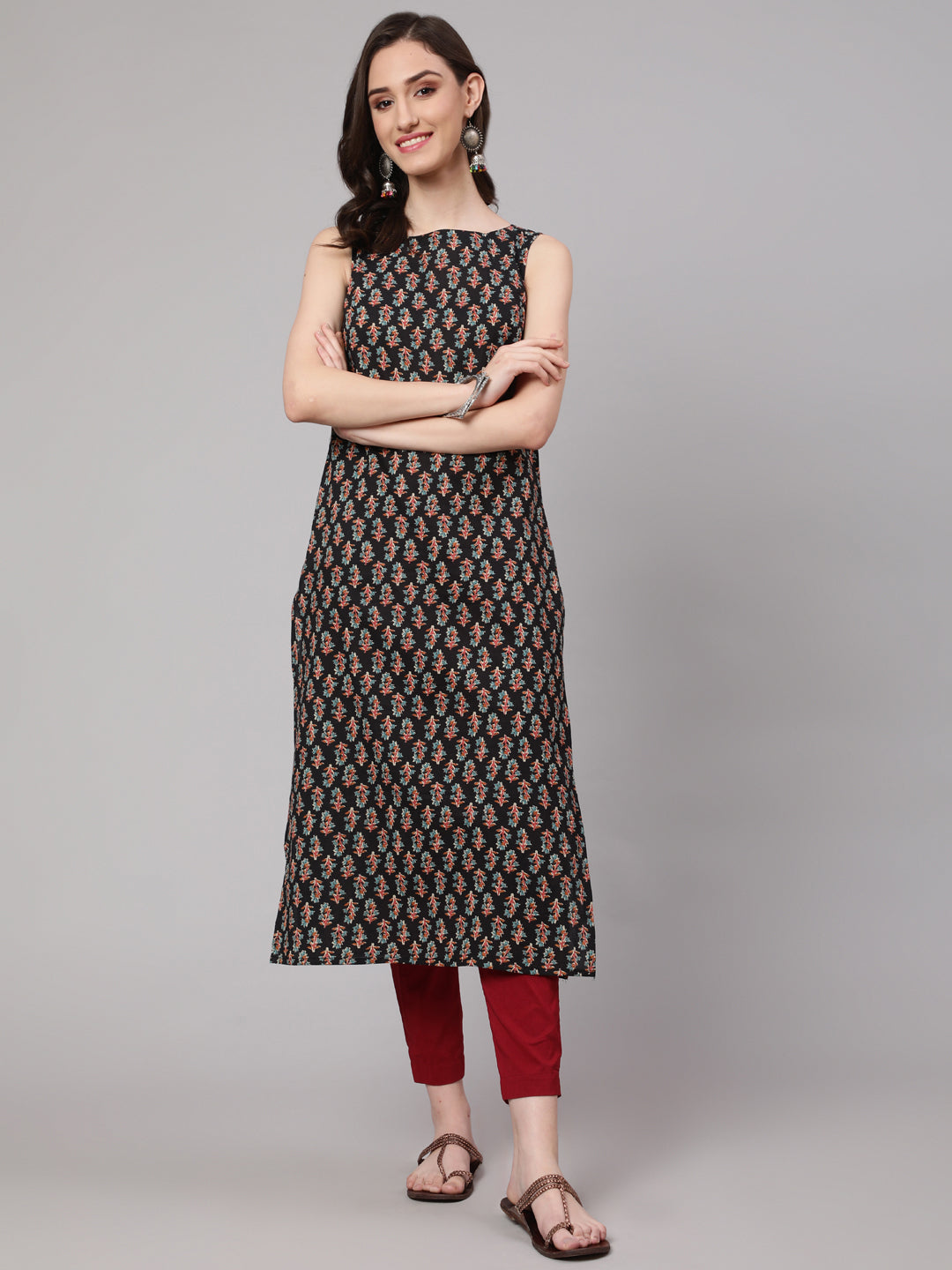 Black Printed straight Sleeveless Kurta