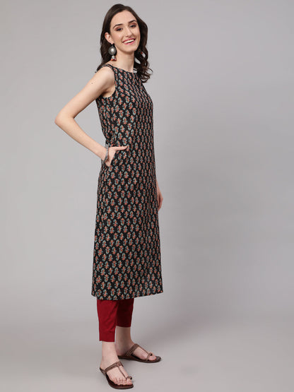 Black Printed straight Sleeveless Kurta