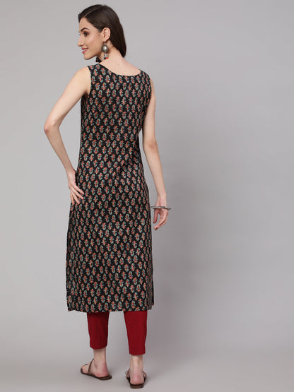 Black Printed straight Sleeveless Kurta