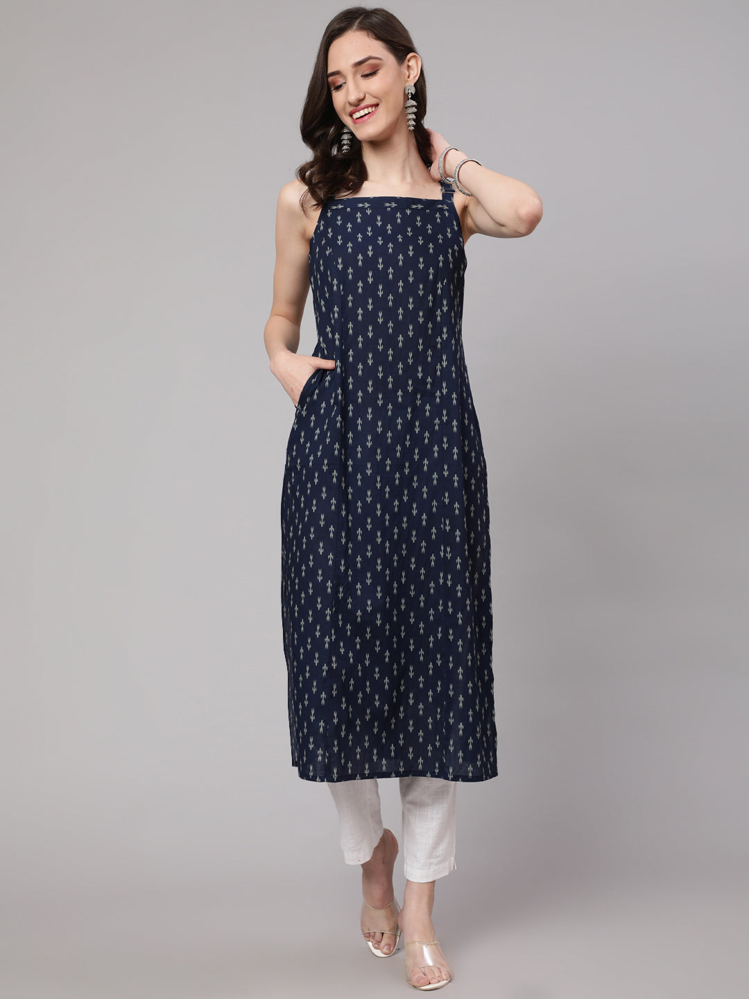 Blue Ikat Printed Straight Kurta With Shoulder Straps