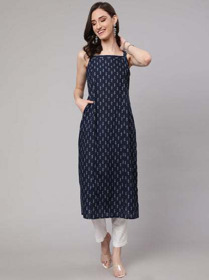 Blue Ikat Printed Straight Kurta With Shoulder Straps
