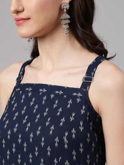 Blue Ikat Printed Straight Kurta With Shoulder Straps
