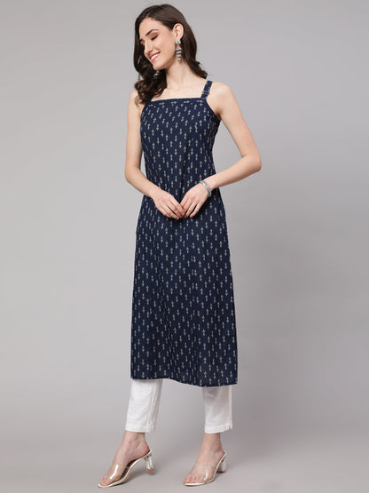 Blue Ikat Printed Straight Kurta With Shoulder Straps