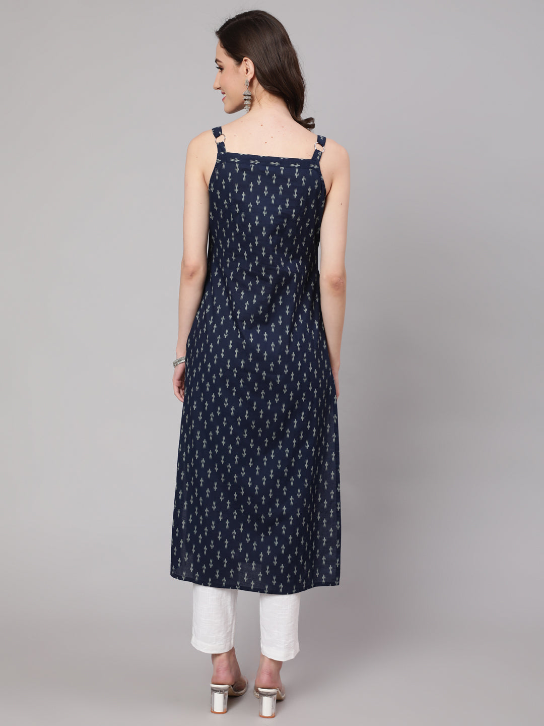 Blue Ikat Printed Straight Kurta With Shoulder Straps