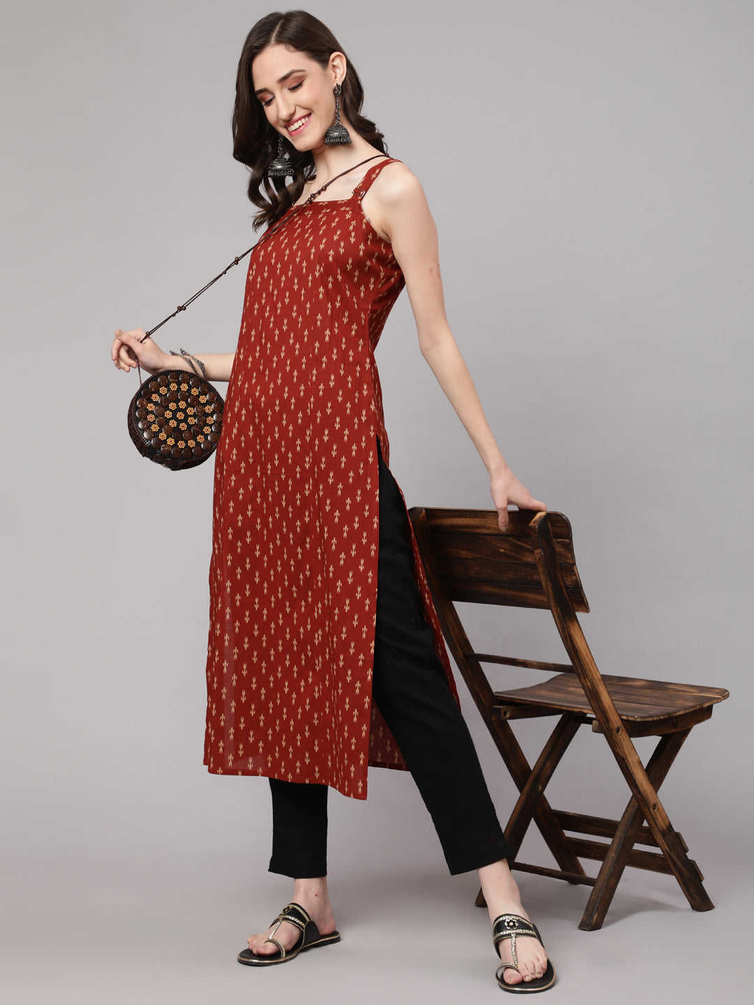 Rust Ikat Printed Straight Kurta With Shoulder Straps