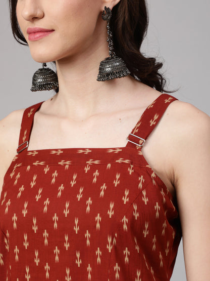 Rust Ikat Printed Straight Kurta With Shoulder Straps