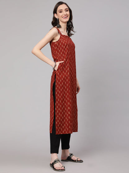 Rust Ikat Printed Straight Kurta With Shoulder Straps