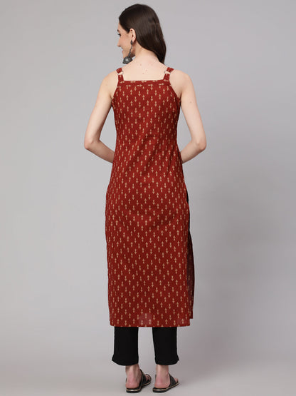 Rust Ikat Printed Straight Kurta With Shoulder Straps