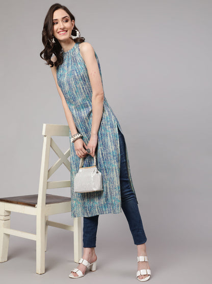 Blue Printed Straight Kurta With Halter Neck