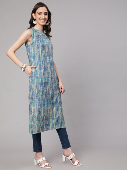 Blue Printed Straight Kurta With Halter Neck
