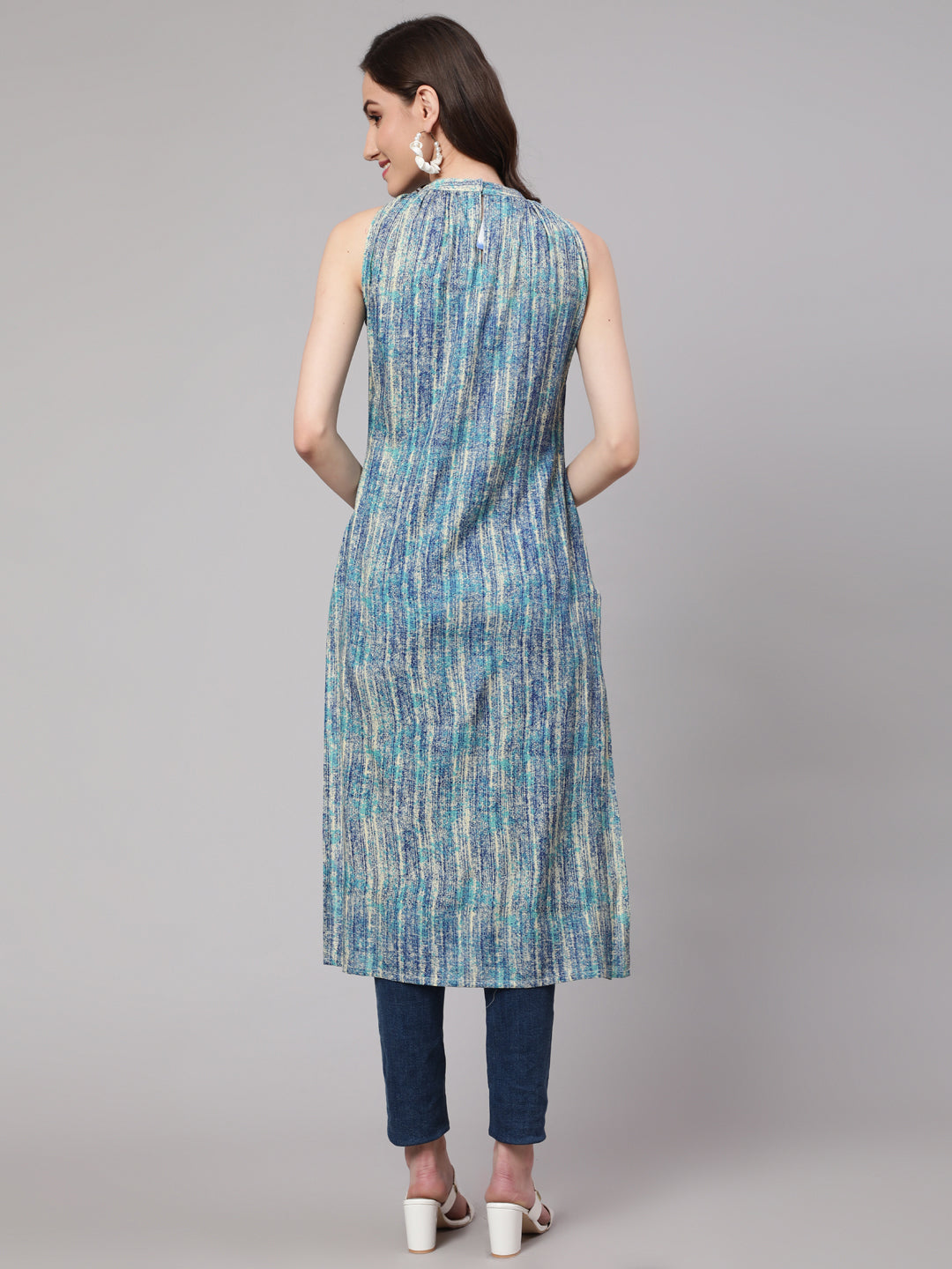 Blue Printed Straight Kurta With Halter Neck