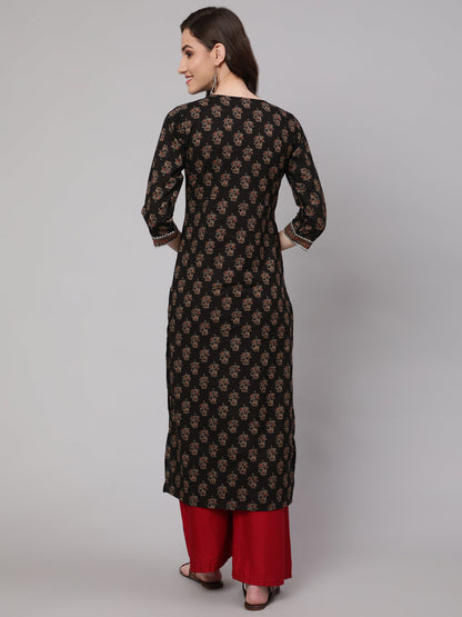 Black Printed straight kurta with three quarter sleeves