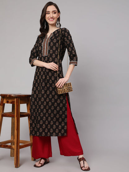 Black Printed straight kurta with three quarter sleeves