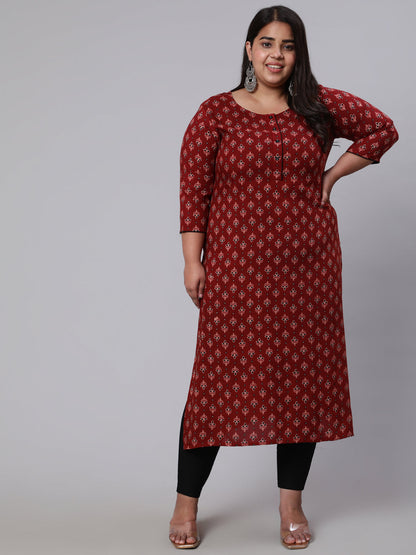 Plus Size  Maroon Printed Straight kurta with Three Quarters Sleeves