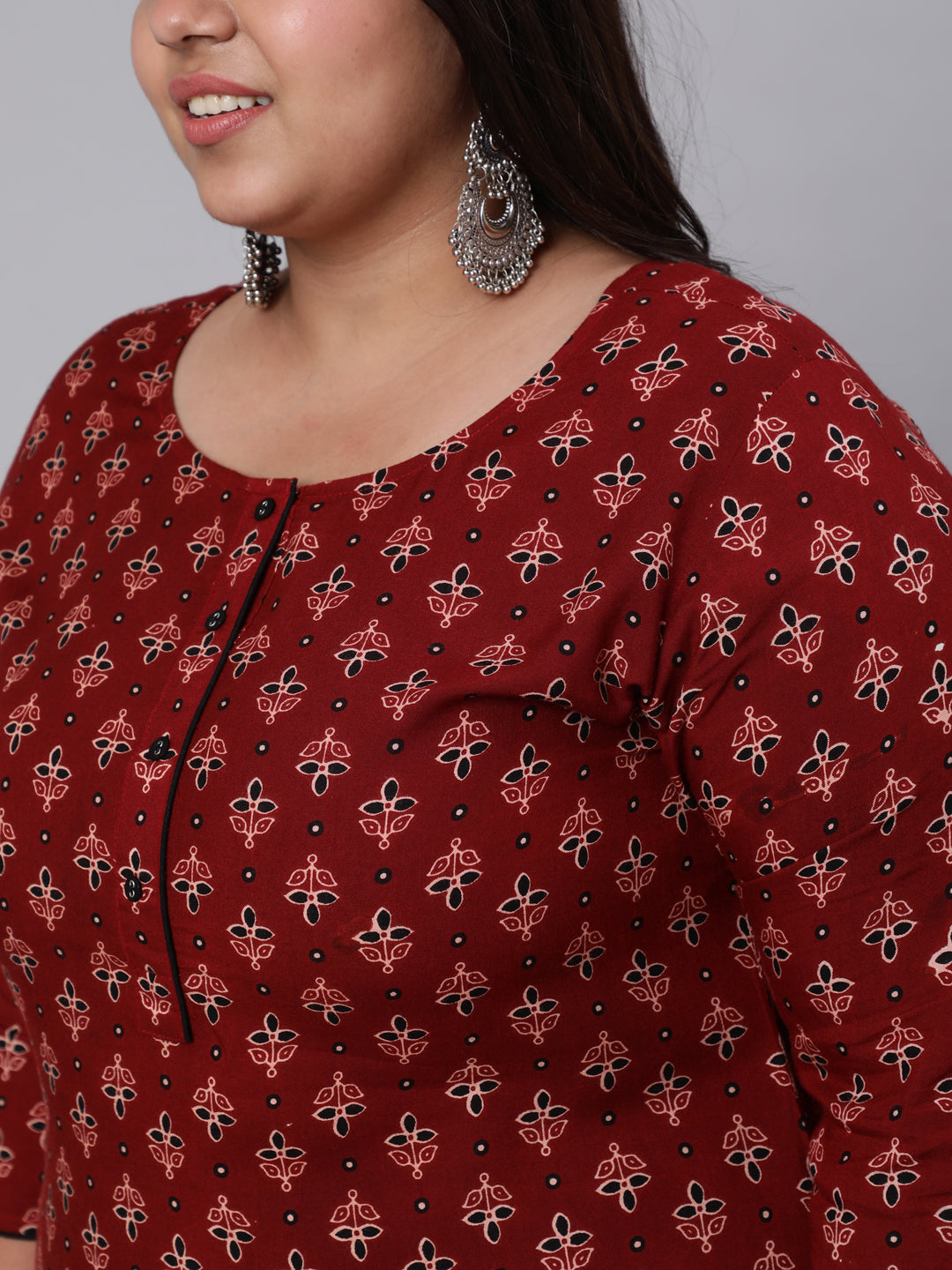 Plus Size  Maroon Printed Straight kurta with Three Quarters Sleeves