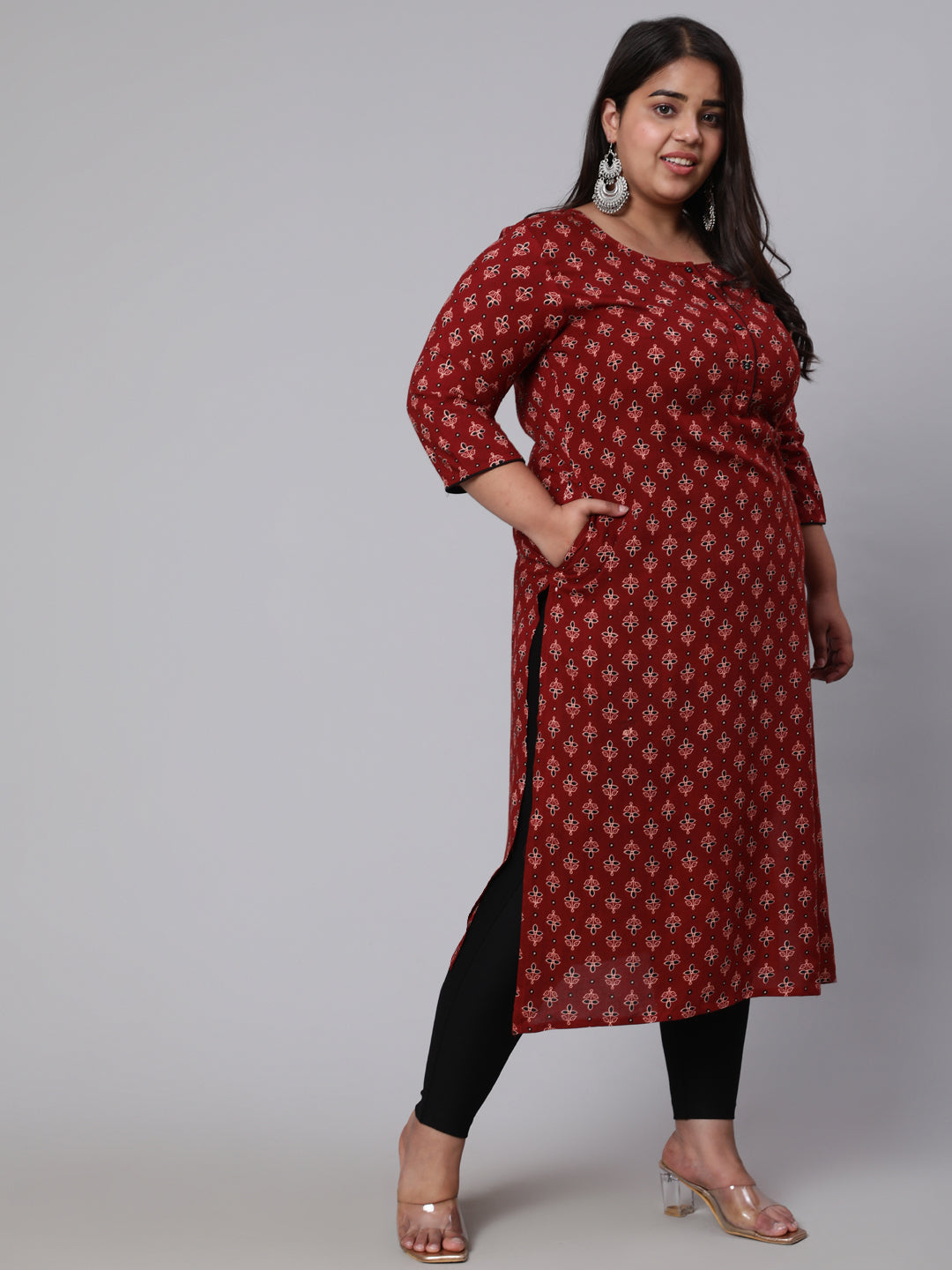Plus Size  Maroon Printed Straight kurta with Three Quarters Sleeves