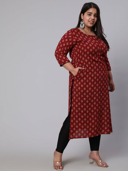 Plus Size  Maroon Printed Straight kurta with Three Quarters Sleeves