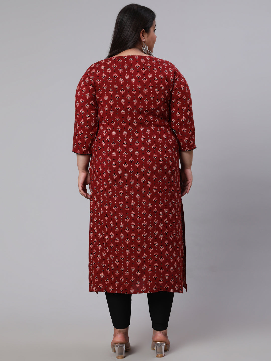 Plus Size  Maroon Printed Straight kurta with Three Quarters Sleeves