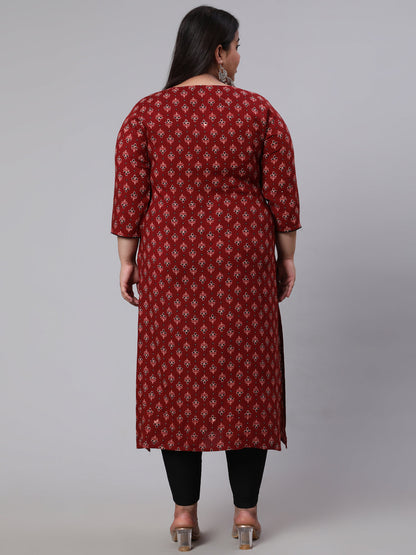 Plus Size  Maroon Printed Straight kurta with Three Quarters Sleeves