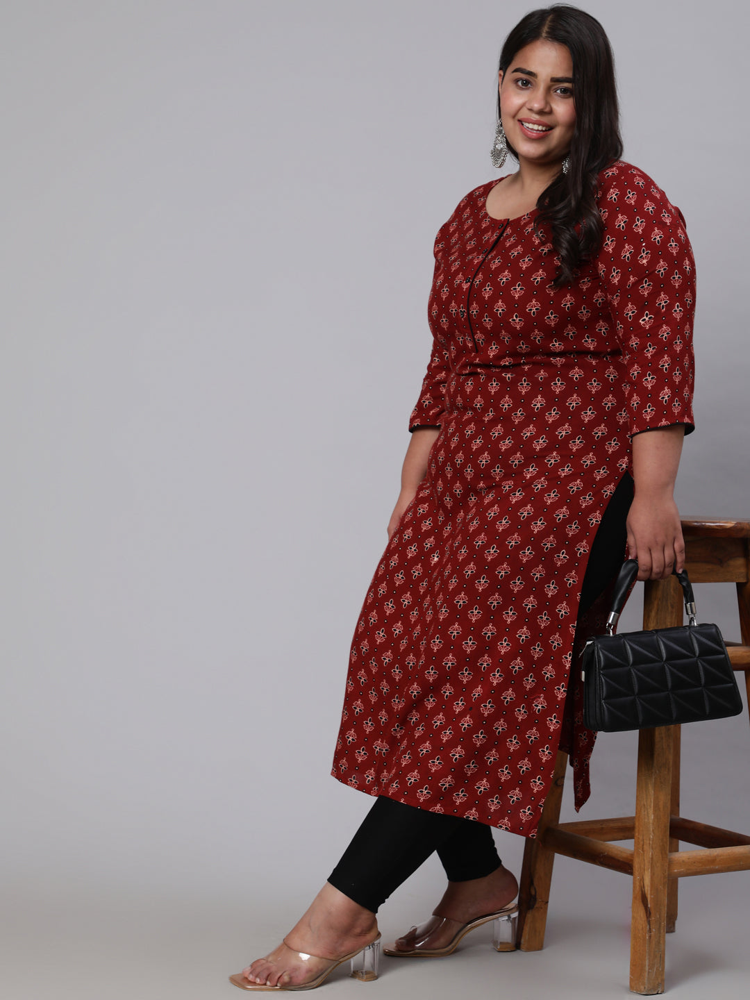 Plus Size  Maroon Printed Straight kurta with Three Quarters Sleeves