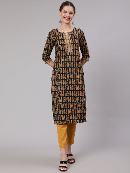 Black Ethnic Printed Straight Kurta With Three Quarter Sleeves