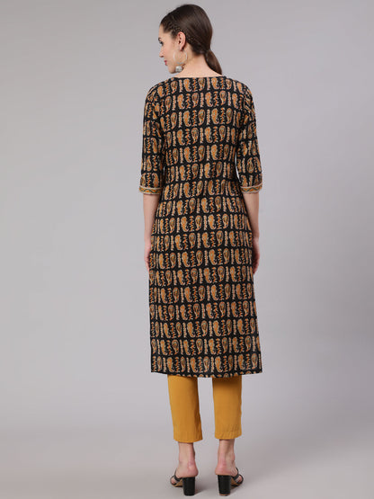 Black Ethnic Printed Straight Kurta With Three Quarter Sleeves