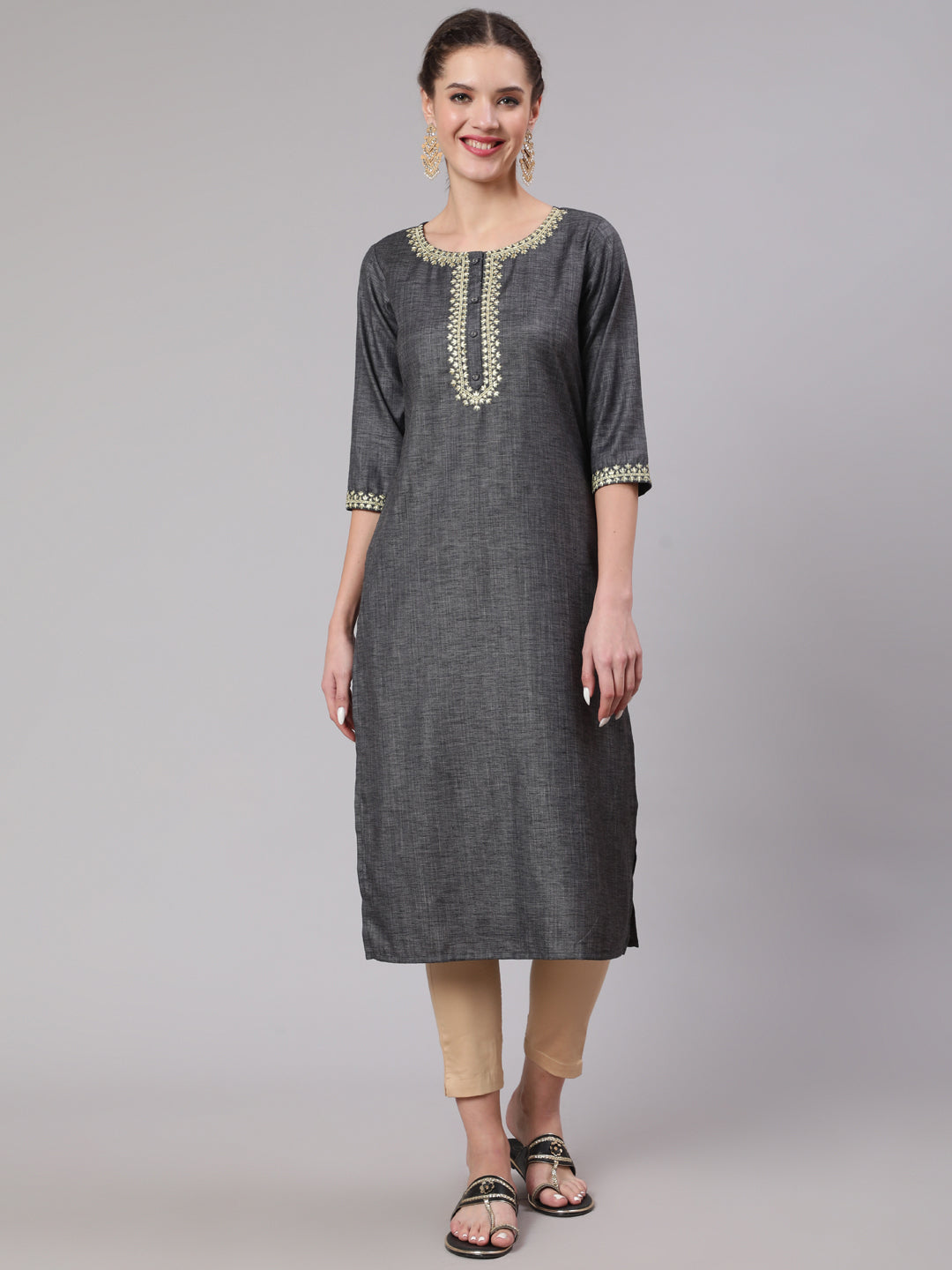 Grey Embridered Straight Kurta With Three Quarter Sleeves