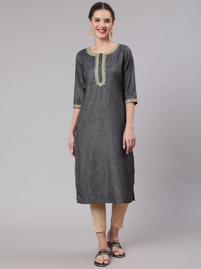 Grey Embridered Straight Kurta With Three Quarter Sleeves