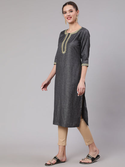 Grey Embridered Straight Kurta With Three Quarter Sleeves