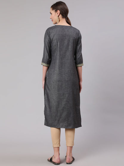 Grey Embridered Straight Kurta With Three Quarter Sleeves