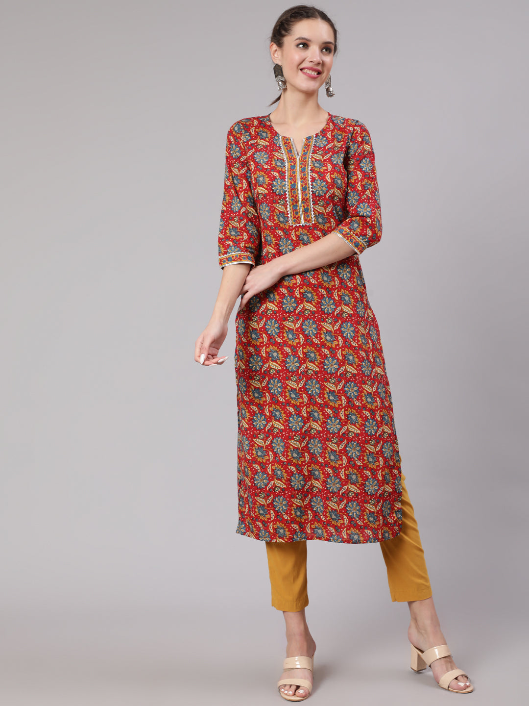 Red Printed Straight Kurta With Three Quarter Sleeves
