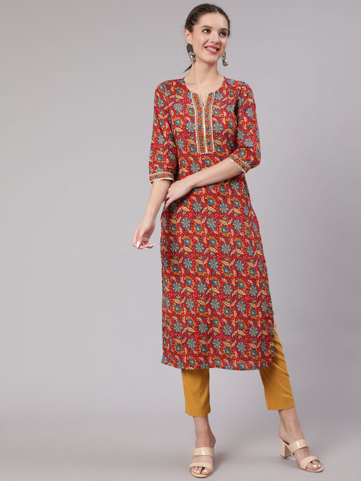 Red Printed Straight Kurta With Three Quarter Sleeves