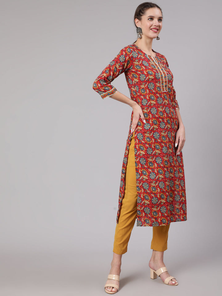 Red Printed Straight Kurta With Three Quarter Sleeves