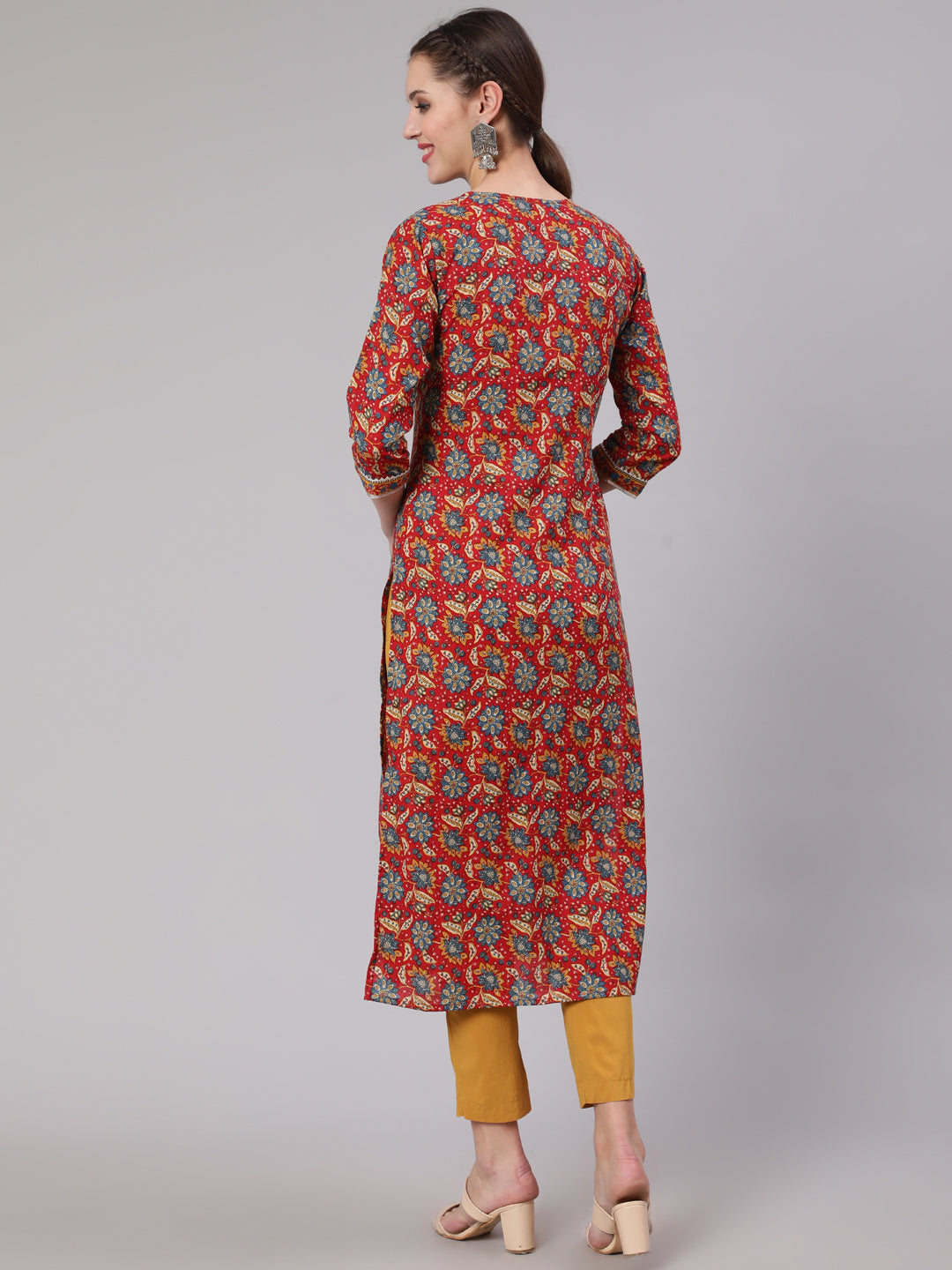 Red Printed Straight Kurta With Three Quarter Sleeves