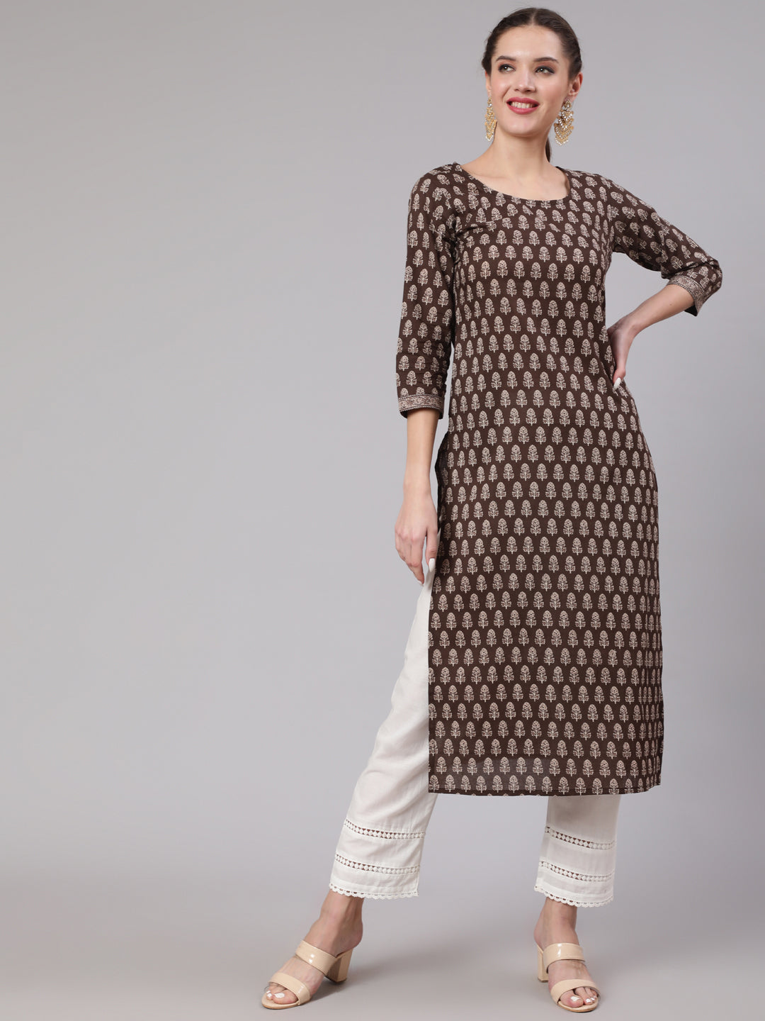 Brown Ethnic Printed Straight Kurta With Three Quarter Sleeves