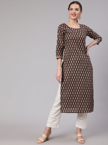 Brown Ethnic Printed Straight Kurta With Three Quarter Sleeves