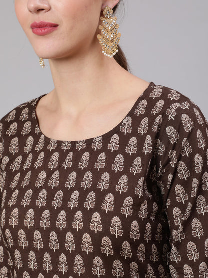 Brown Ethnic Printed Straight Kurta With Three Quarter Sleeves
