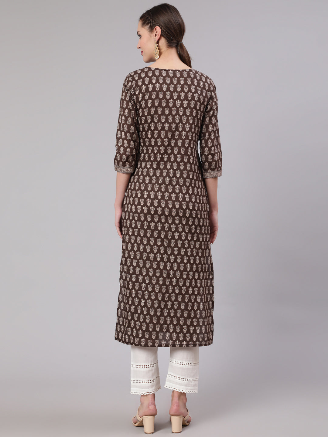 Brown Ethnic Printed Straight Kurta With Three Quarter Sleeves