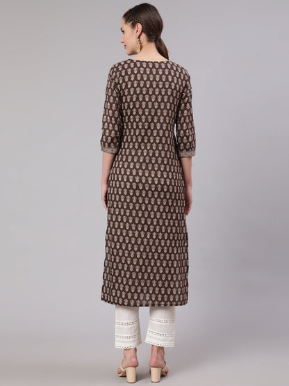 Brown Ethnic Printed Straight Kurta With Three Quarter Sleeves