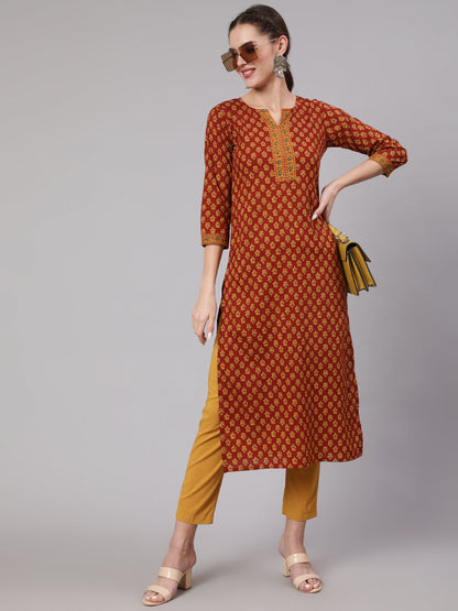 Maroon Ethnic Printed Straight Kurta With Three Quarter Sleeves