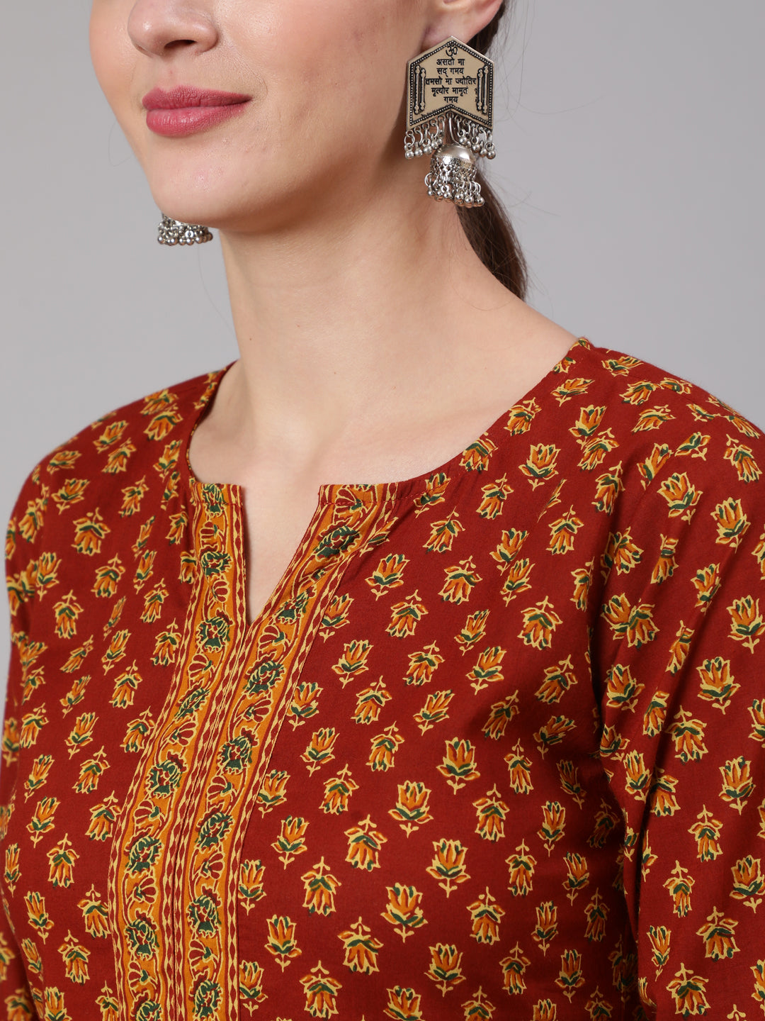 Maroon Ethnic Printed Straight Kurta With Three Quarter Sleeves