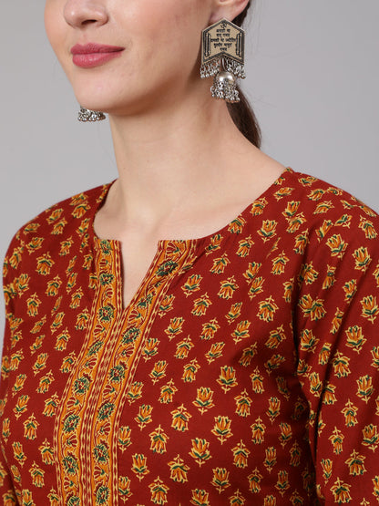 Maroon Ethnic Printed Straight Kurta With Three Quarter Sleeves