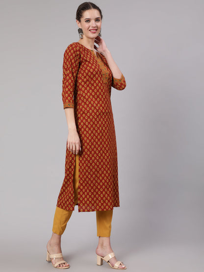Maroon Ethnic Printed Straight Kurta With Three Quarter Sleeves